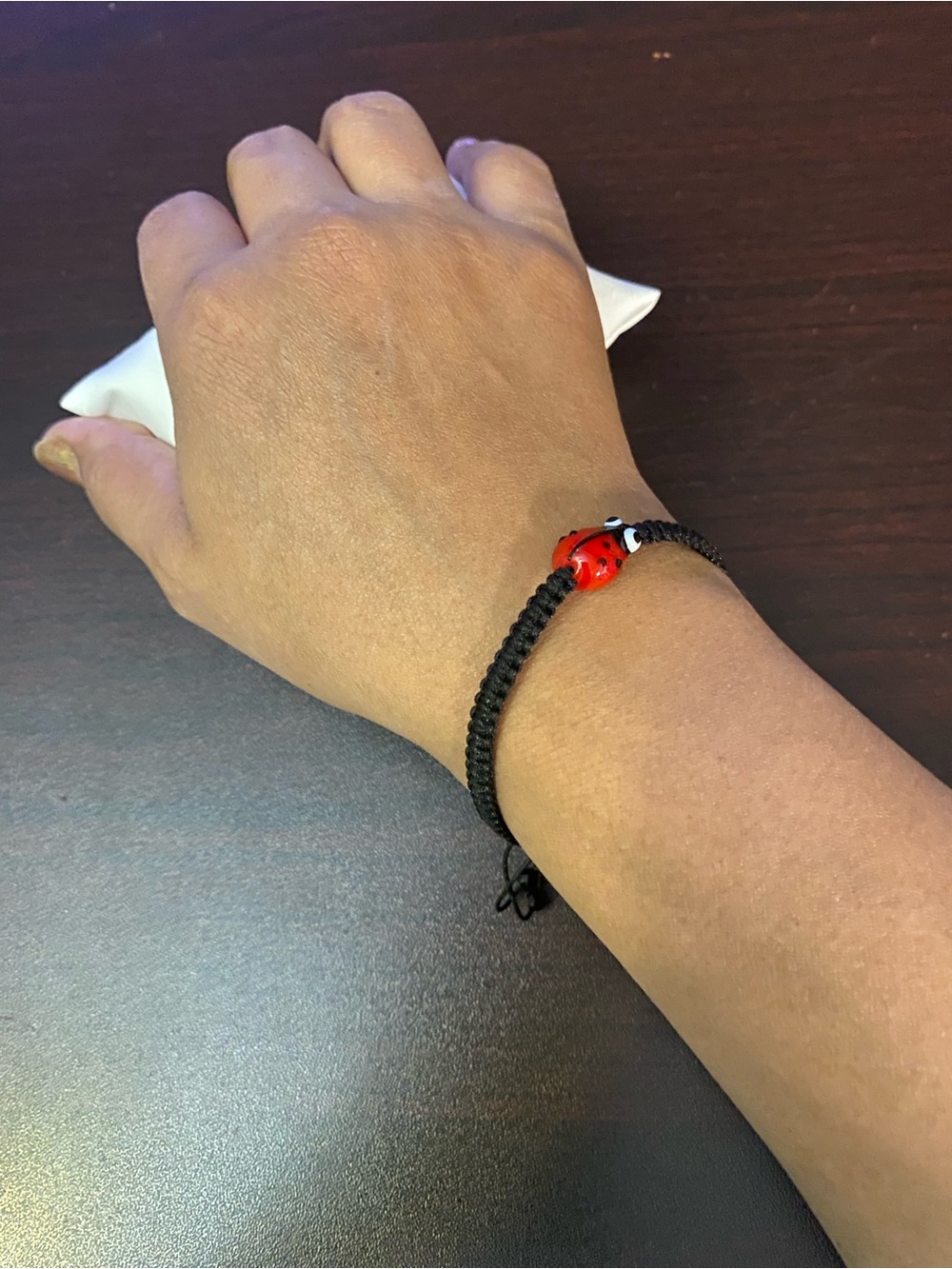 Handmade macrame Black Cord Bracelet with Red Ladybug Bead charm